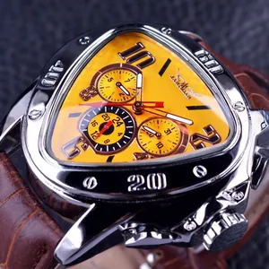 Jaragar triangle mechanical watch with yellow diamond pattern dial and brown leather strap