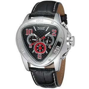 Jaragar automatic mechanical watch with triangle case, black fiber dial and leather strap