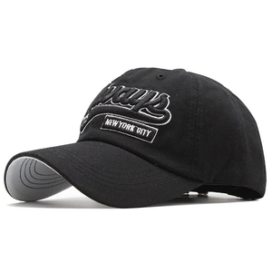 Detail of premium cotton baseball cap with white New York City 3D embroidery on black