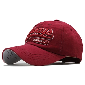 Detail of burgundy cotton baseball cap featuring 3D Always New York City embroidery
