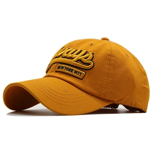 Mustard yellow cotton baseball cap with Vays 3D embroidery shown from a 45-degree angle
