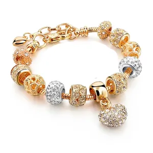 Fashion Gold Plated Snake Chain DIY Charm Bracelet With Heart Pendant Rhinestone Beads For Women Jewelry Valentine's Gift