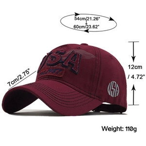 Detailed size chart of wine red cotton baseball cap with USA embroidery and dimensions
