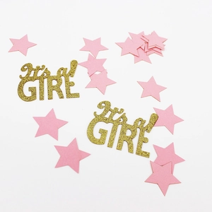 Close-up of pink star confetti and golden glitter It's a GIRL party decorations