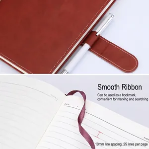 Brown leather A4 business notebook with pen holder, 10mm lined paper, and ribbon bookmark