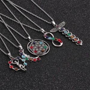 Silver chakra pendant necklace set with rainbow gems and mystical lotus symbols