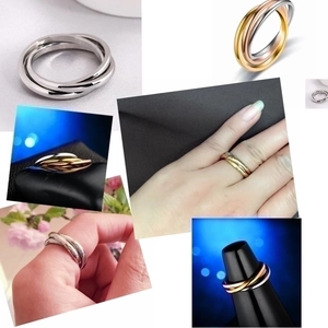 Collage of triple interlocking rings in silver and tri-color finishes on models