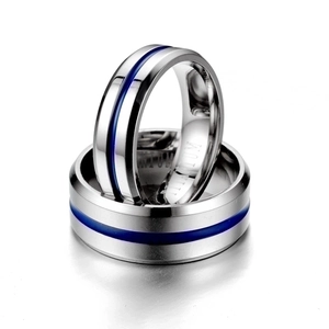 Minimalist titanium steel ring with blue stripe inlay for men and women stylish jewelry