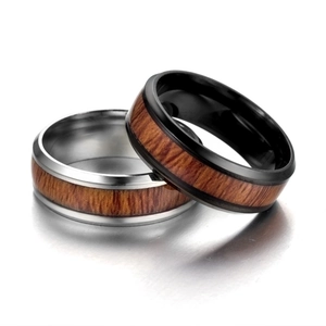 Vintage titanium steel rings with wood grain inlay for men, set of two stylish bands
