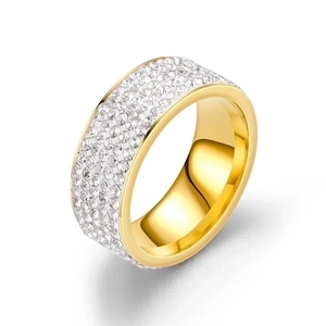 Golden titanium steel ring with five rows of sparkling white crystals for women