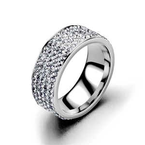 Luxurious silver titanium steel ring with five rows of sparkling rhinestones for women