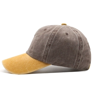 Vintage washed baseball cap in coffee grey and bright yellow contrast patchwork style