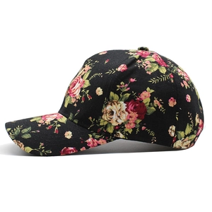 Women's black baseball cap with vintage red and yellow rose floral print on cotton