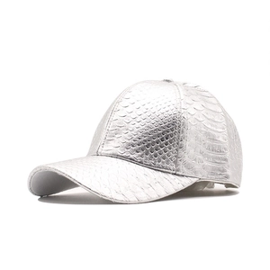 Modern silver faux leather baseball cap with metallic crocodile texture and curved brim
