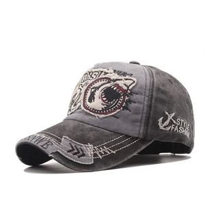 Washed dark gray shark embroidery baseball cap with 3D letters and distressed brim detailing