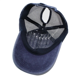 Navy blue washed denim ponytail mesh baseball cap with breathable trucker hat design