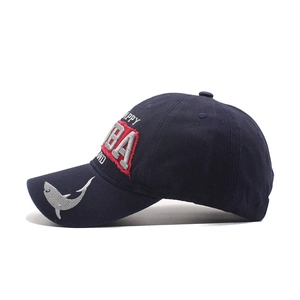 Detail of ARUBA embroidery and shark pattern on navy blue cotton baseball cap