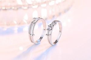 Detailed view of silver couple rings with brilliant cut zircon in a romantic setting