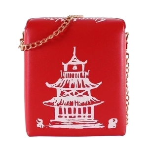 Creative red Chinese takeout box style crossbody bag with pagoda print and gold chain