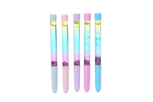 Detail of five liquid quicksand pens in pastel colors with glitter and yellow liquid