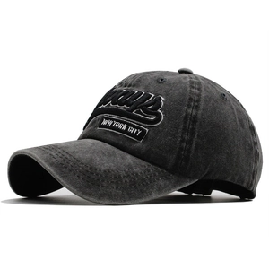 Vintage dark gray washed denim baseball cap with New York City embroidery and curved brim