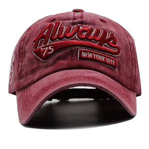 Vintage washed dark red baseball cap with New York City 75 embroidery and curved brim