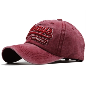 Macro view of vintage burgundy baseball cap with Always New York City 3D embroidery
