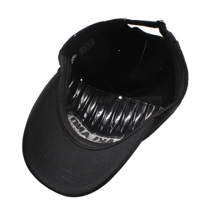 Classic black cotton baseball cap with adjustable strap shown from a top-down interior view