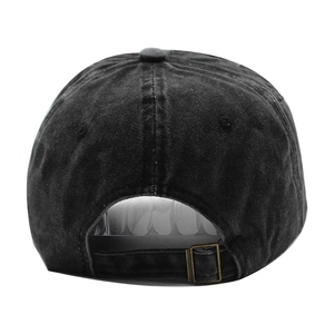 Adjustable back view of vintage washed black baseball cap with rustic metal buckle closure