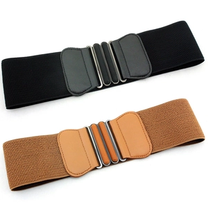 Women's wide elastic waist belt with double oval metal buckle in black and khaki