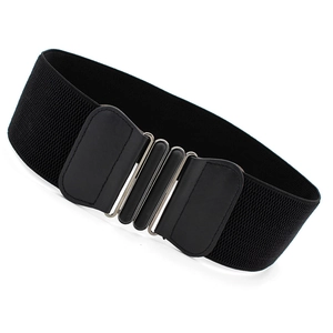 Women's black elastic wide waist belt with oval interlocking metal buckle for dresses