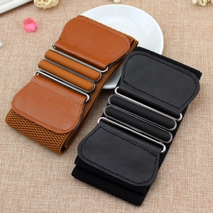 Women Wide Corset Belt Elastic Waist Band Double Oval Interlocking Buckle Synthetic Leather Decorative Accessory For Dresses