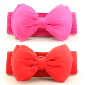 Women's elastic chiffon bow waist belt in vibrant red and hot pink colors