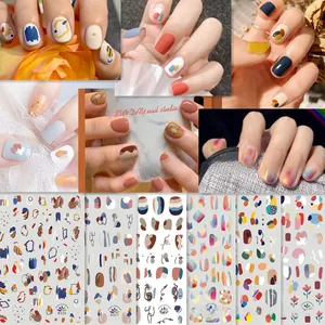 Detailed views of 3D summer nail art stickers with geometric patterns and floral designs