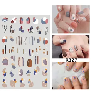 Detailed view of R327 3D nail stickers featuring abstract art lines and Morandi color blocks