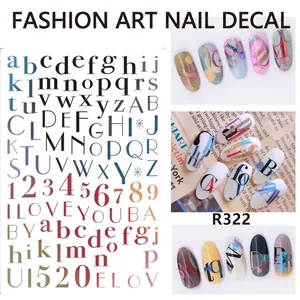 Detail of R322 ultra-thin 3D nail stickers featuring alphabet and number decals
