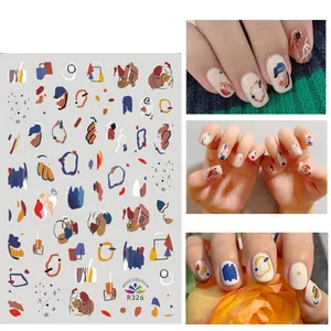 Detailed view of R326 3D ultra-thin nail stickers with colorful abstract art and geometric lines