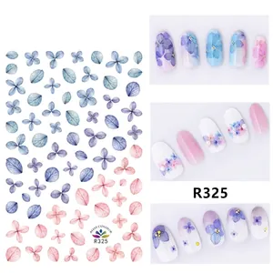 Detail showing R325 ultra-thin 3D hydrangea nail decals with watercolor floral patterns