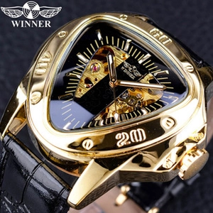 Macro shot of gold triangular skeleton mechanical watch with black leather strap