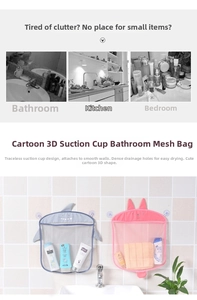 Detail of mesh bath toy organizer with dual suction cups and cute cartoon shark design