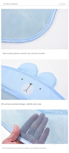 Detail of blue mesh storage bag with 3D teddy bear design and breathable polyester net