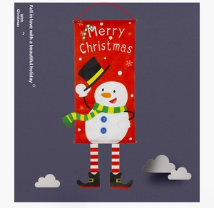 Close-up of a festive red snowman hanging flag with striped legs and Merry Christmas text