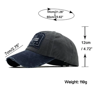 Detailed side view of washed cotton baseball cap with vintage distressed brim and patch