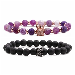Tiger eye and lava stone crown beaded bracelets set for couples in black and purple tones