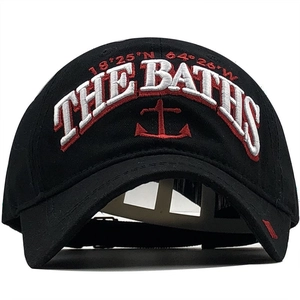 Schwarze Baumwoll-Baseballkappe mit 3D-Anker-Stickerei und weißem The Baths-Schriftzug