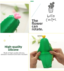 Detail of green silicone cactus pouch with rotatable flowers and flexible material