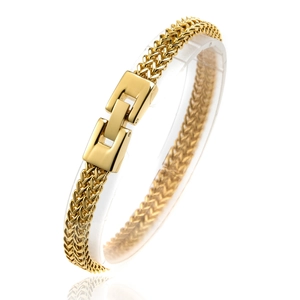 Pulsera de hombre en acero inoxidable dorado con diseño de tejido y cierre desplegable
