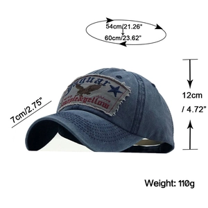 Détails des dimensions de la casquette baseball en jean délavé avec écusson aigle
