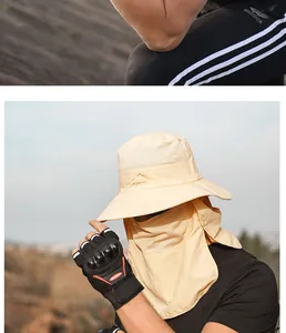 Detail of beige outdoor sun hat with neck flap and mesh mask for full face protection