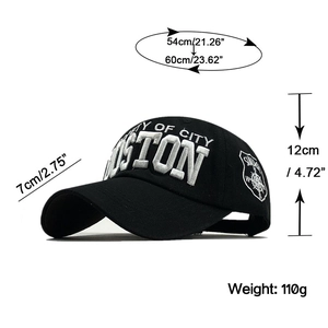Detailed size specifications for the cotton baseball cap with 3D Boston embroidery